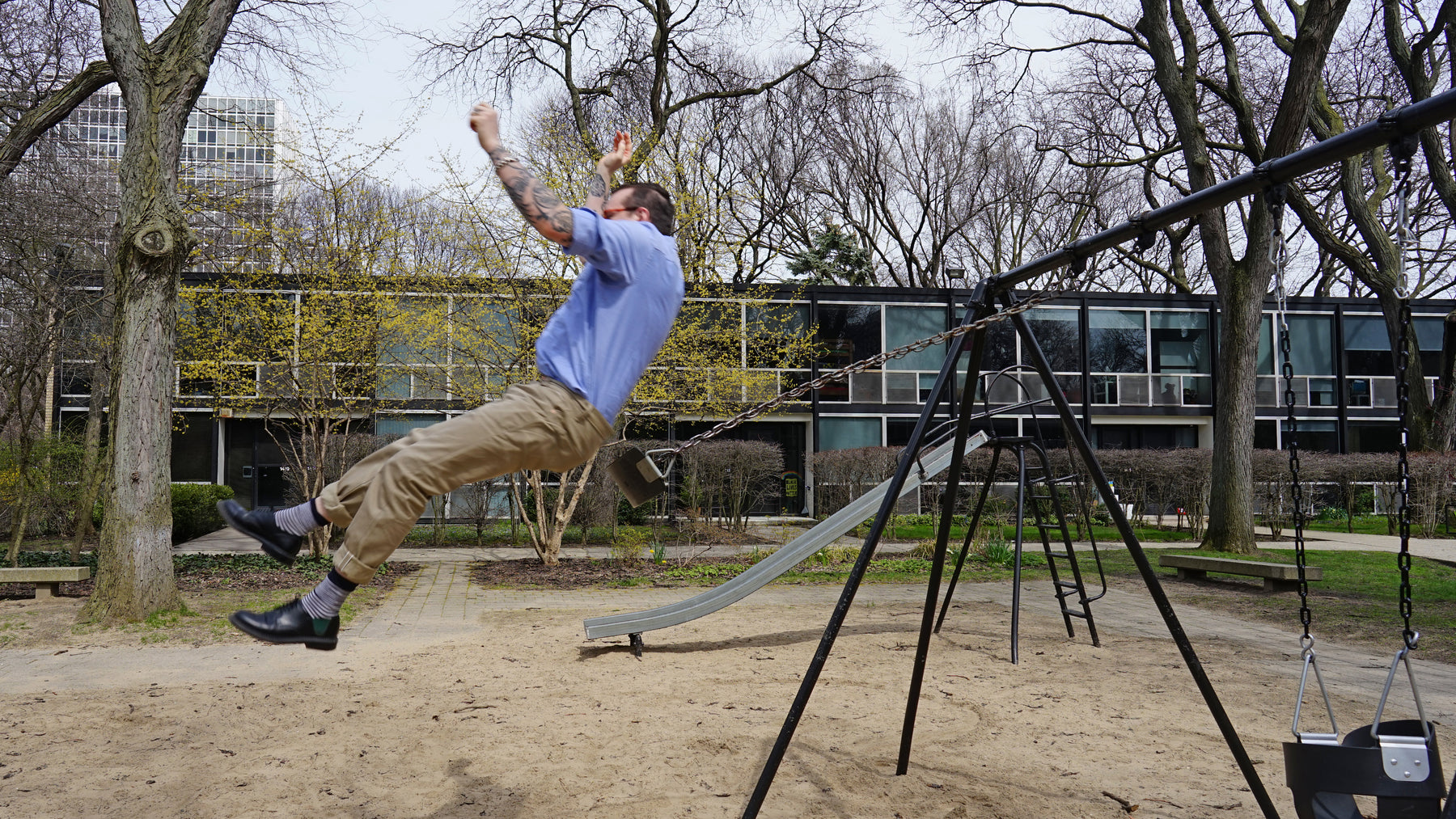 jumping off a swing in detroit denim sustainable custom jeans