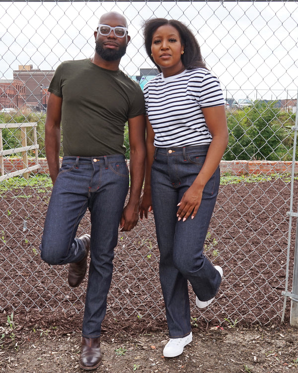 detroit denim sustainable custom jeans on two models